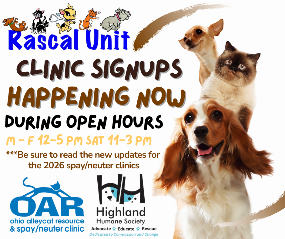 Flyer for 2026 low cost spay and neuter clinic sign-ups with the Rascal Unit